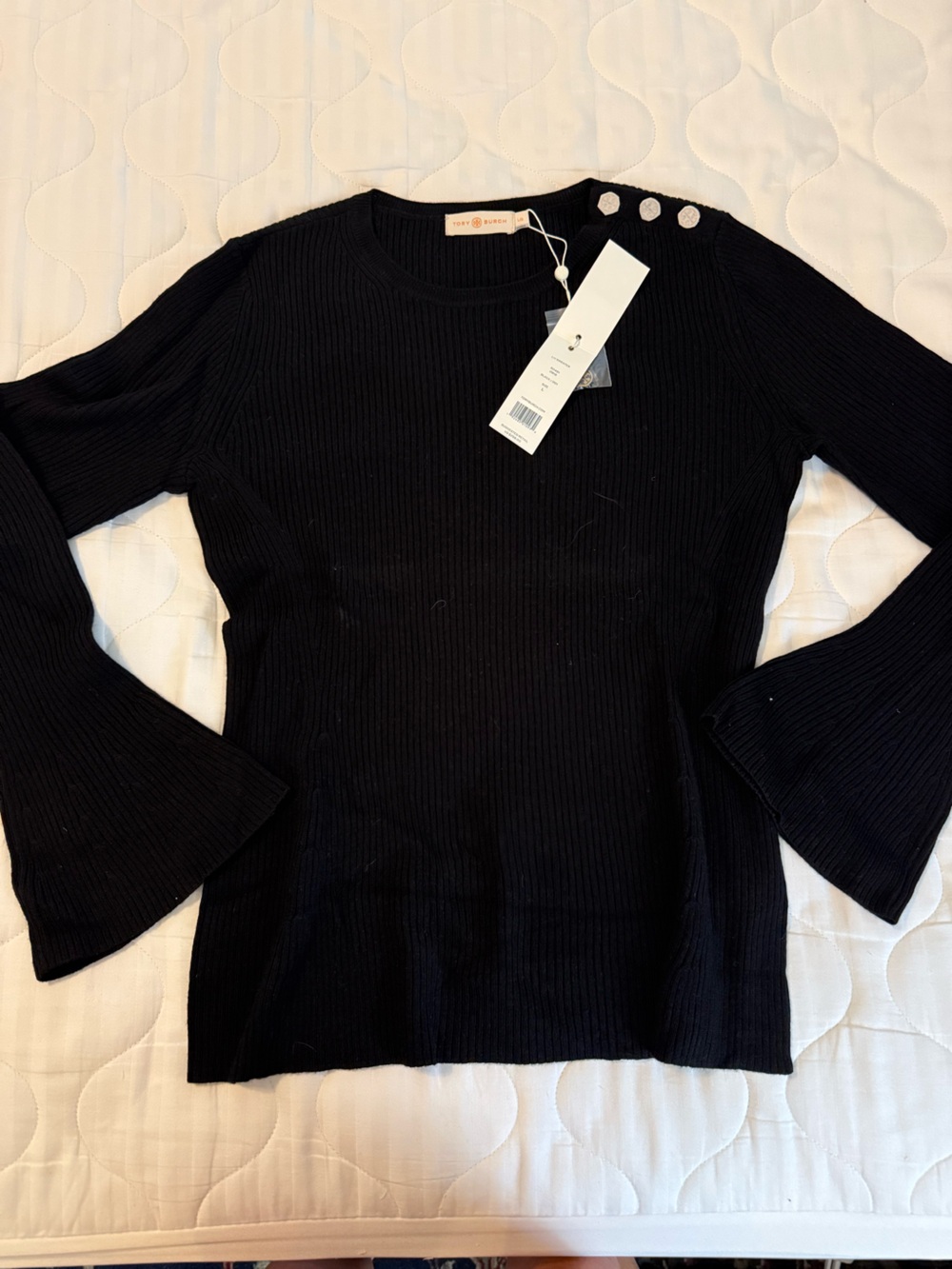 NWT Tory Burch Black Ribbed Sweater with Button Detail.